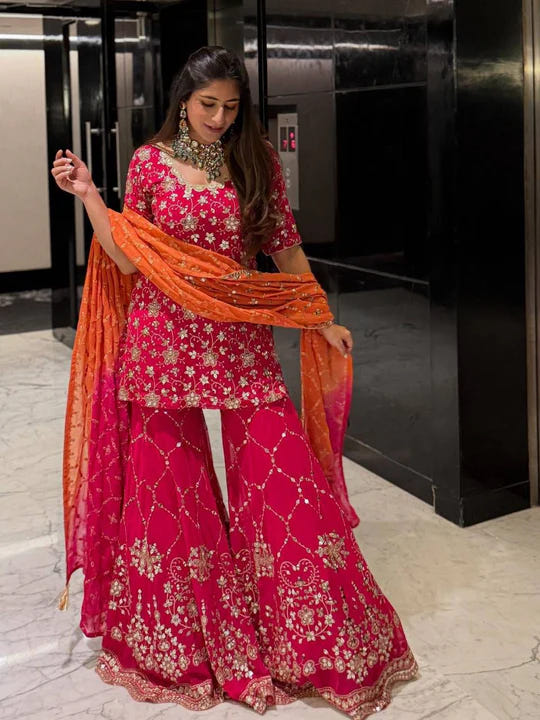 Wear Pink Color Georgette Ready To Wear Sharara Set