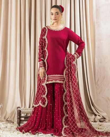 Wedding Wear Maroon Faux Georgette Sharara Suit with Thread and Sequin Work – Pakistani Style Party & Festive Outfit