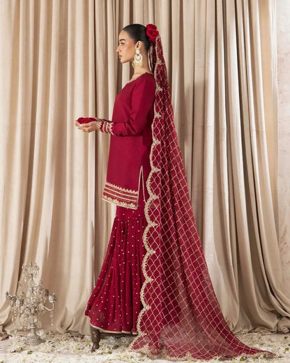 Wedding Wear Maroon Faux Georgette Sharara Suit with Thread and Sequin Work – Pakistani Style Party & Festive Outfit