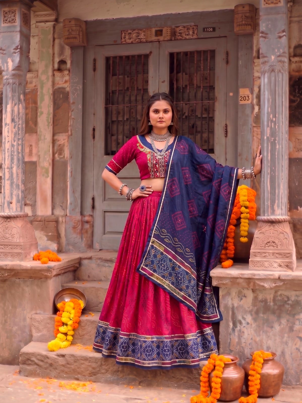 Pink Tassar Silk Lehenga Choli with Gamthi Print Dupatta for Navratri