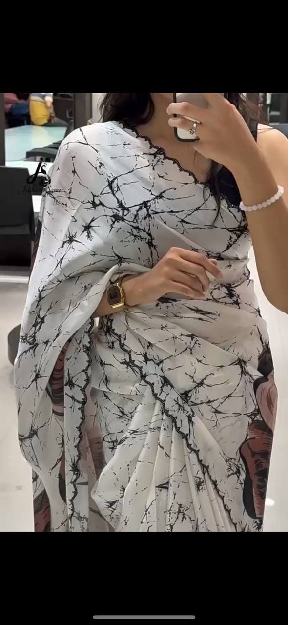 White Crepe Satin Silk Brown Floral Print Saree with Black Plain Blouse