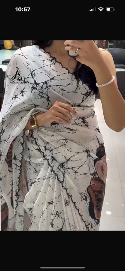 White Crepe Satin Silk Brown Floral Print Saree with Black Plain Blouse -01