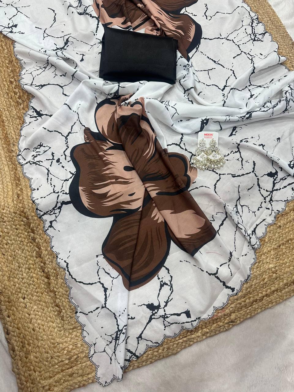 White Crepe Satin Silk Brown Floral Print Saree with Black Plain Blouse