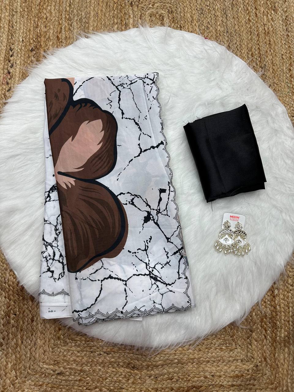 White Crepe Satin Silk Brown Floral Print Saree with Black Plain Blouse