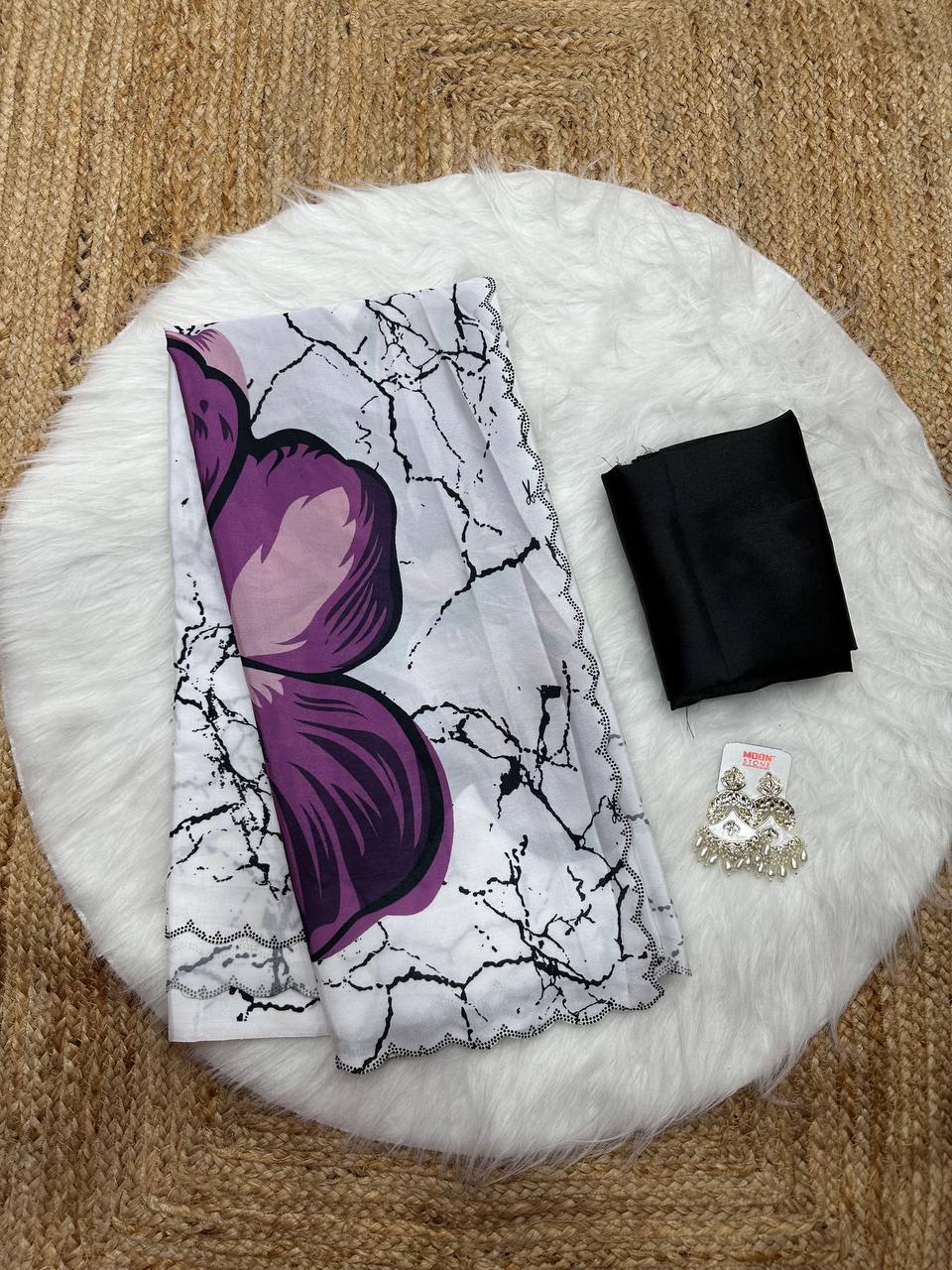 White Crepe Satin Silk Purple Floral Print Saree with Black Plain Blouse