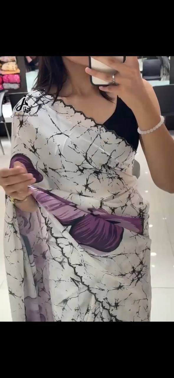 White Crepe Satin Silk Purple Floral Print Saree with Black Plain Blouse 