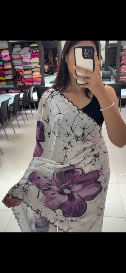 White Crepe Satin Silk Purple Floral Print Saree with Black Plain Blouse