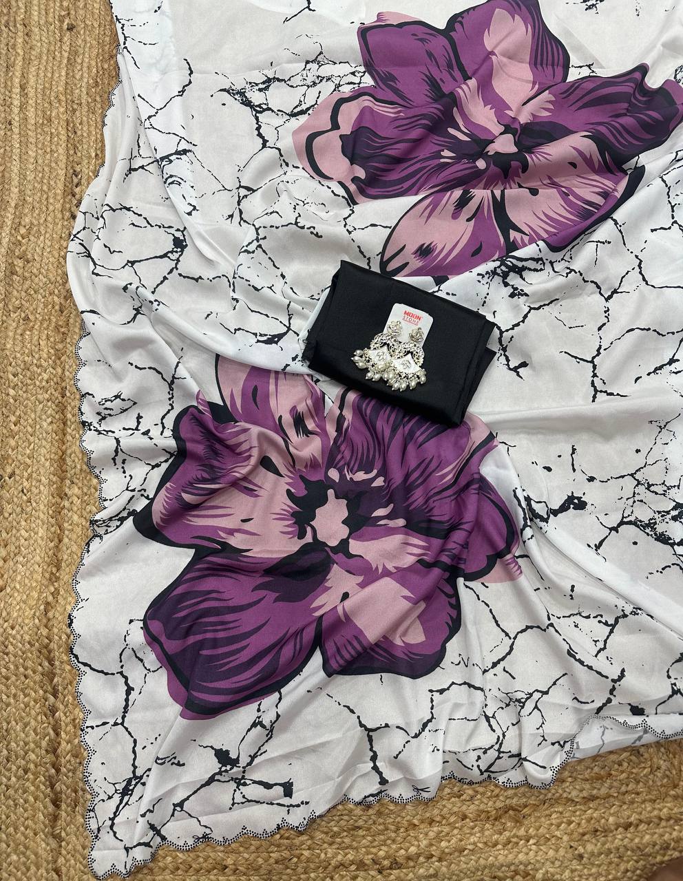 White Crepe Satin Silk Purple Floral Print Saree with Black Plain Blouse