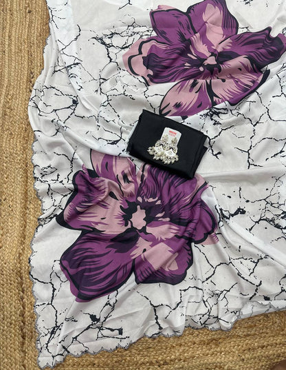 White Crepe Satin Silk Purple Floral Print Saree with Black Plain Blouse
