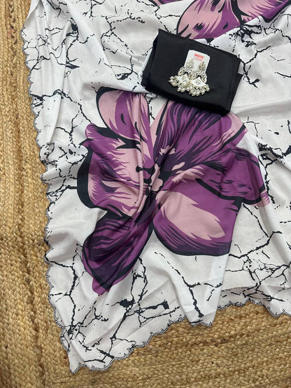 White Crepe Satin Silk Purple Floral Print Saree with Black Plain Blouse 