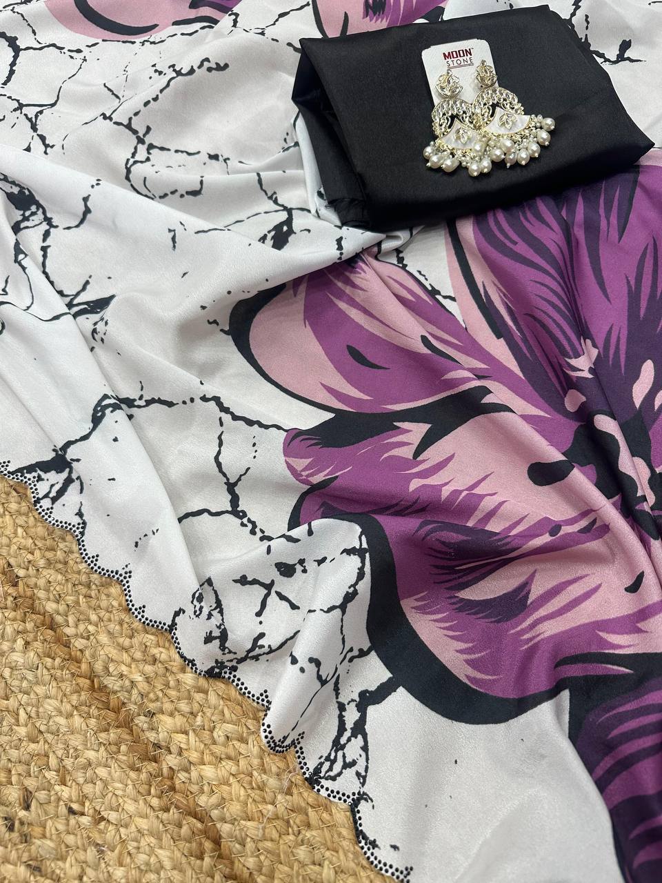 White Crepe Satin Silk Purple Floral Print Saree with Black Plain Blouse