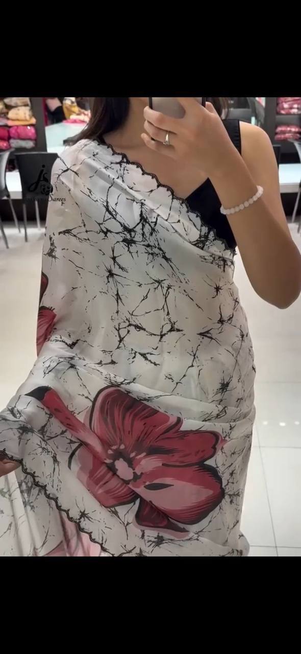 White Crepe Satin Silk Red Floral Print Saree with Black Plain Blouse