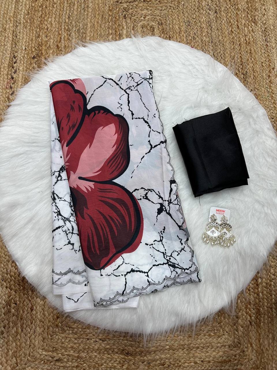 White Crepe Satin Silk Red Floral Print Saree with Black Plain Blouse