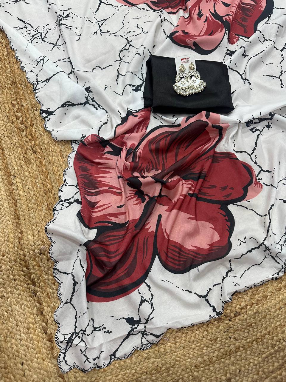 White Crepe Satin Silk Red Floral Print Saree with Black Plain Blouse 