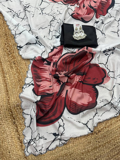 White Crepe Satin Silk Red Floral Print Saree with Black Plain Blouse 