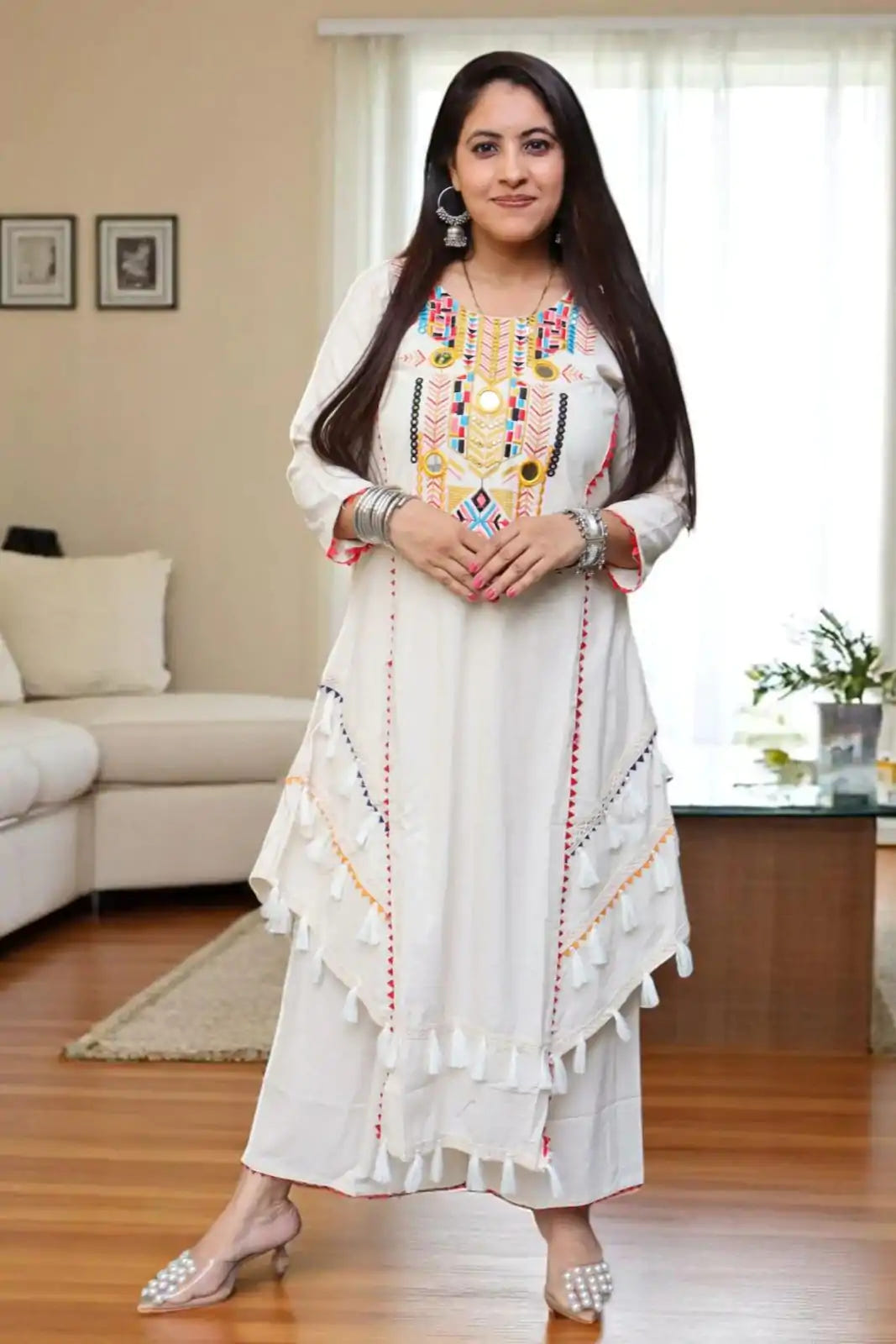 White Khadi Cotton Salwar Suit with Real Mirror Work & Embroidery – Plus Size Ready to Wear