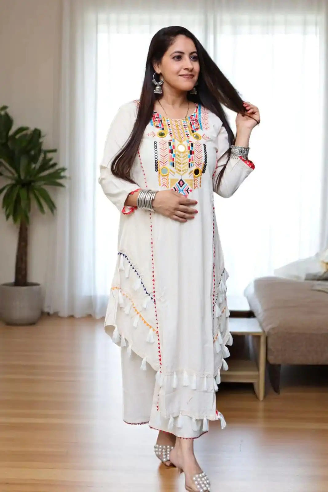White Khadi Cotton Salwar Suit with Real Mirror Work & Embroidery – Plus Size Ready to Wear