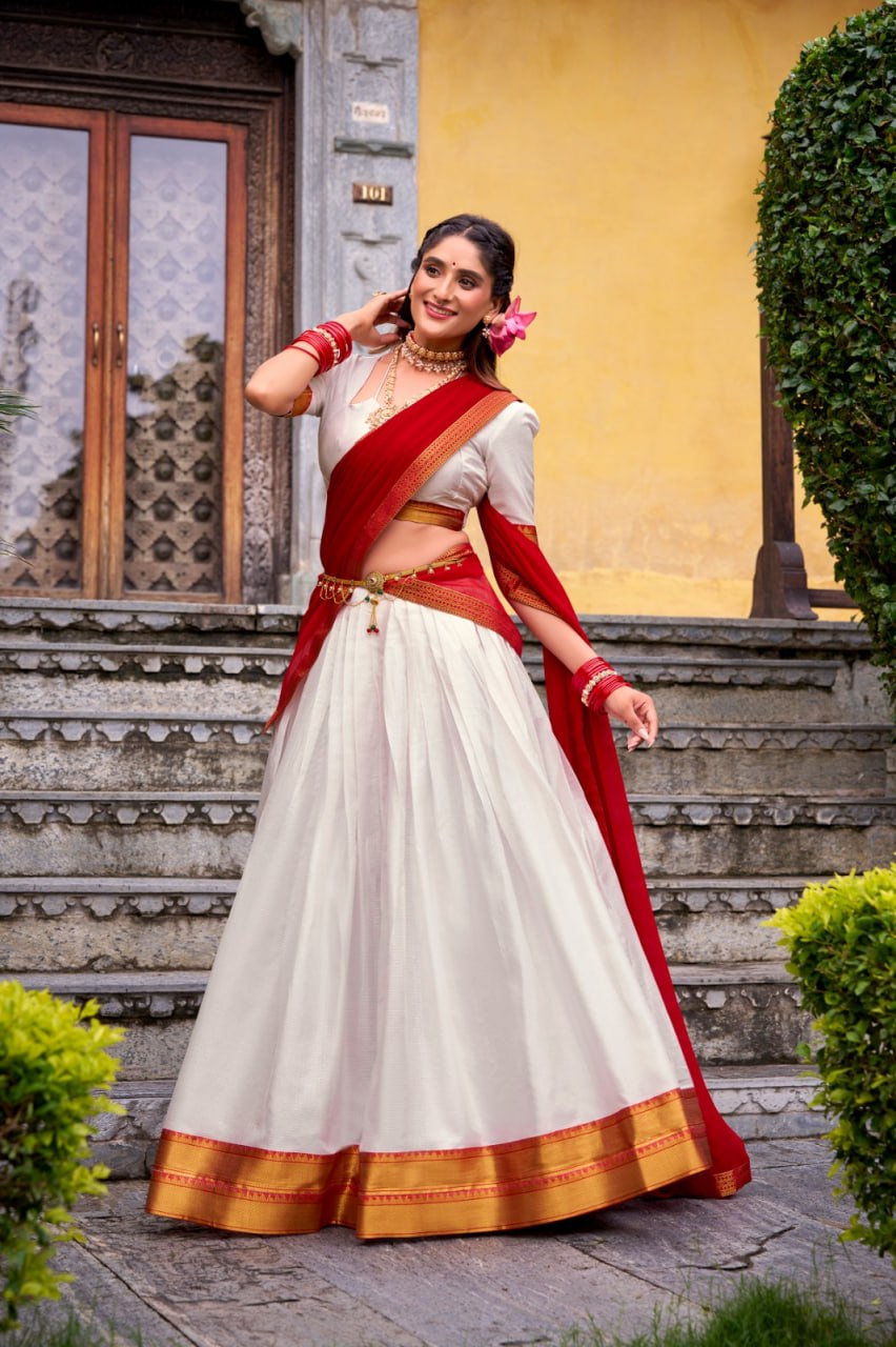 White Poly Cotton Zari Weaving Lehenga Choli Set with Red Dupatta