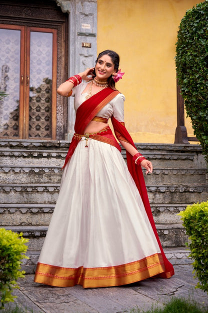 White Poly Cotton Zari Weaving Lehenga Choli Set with Red Dupatta