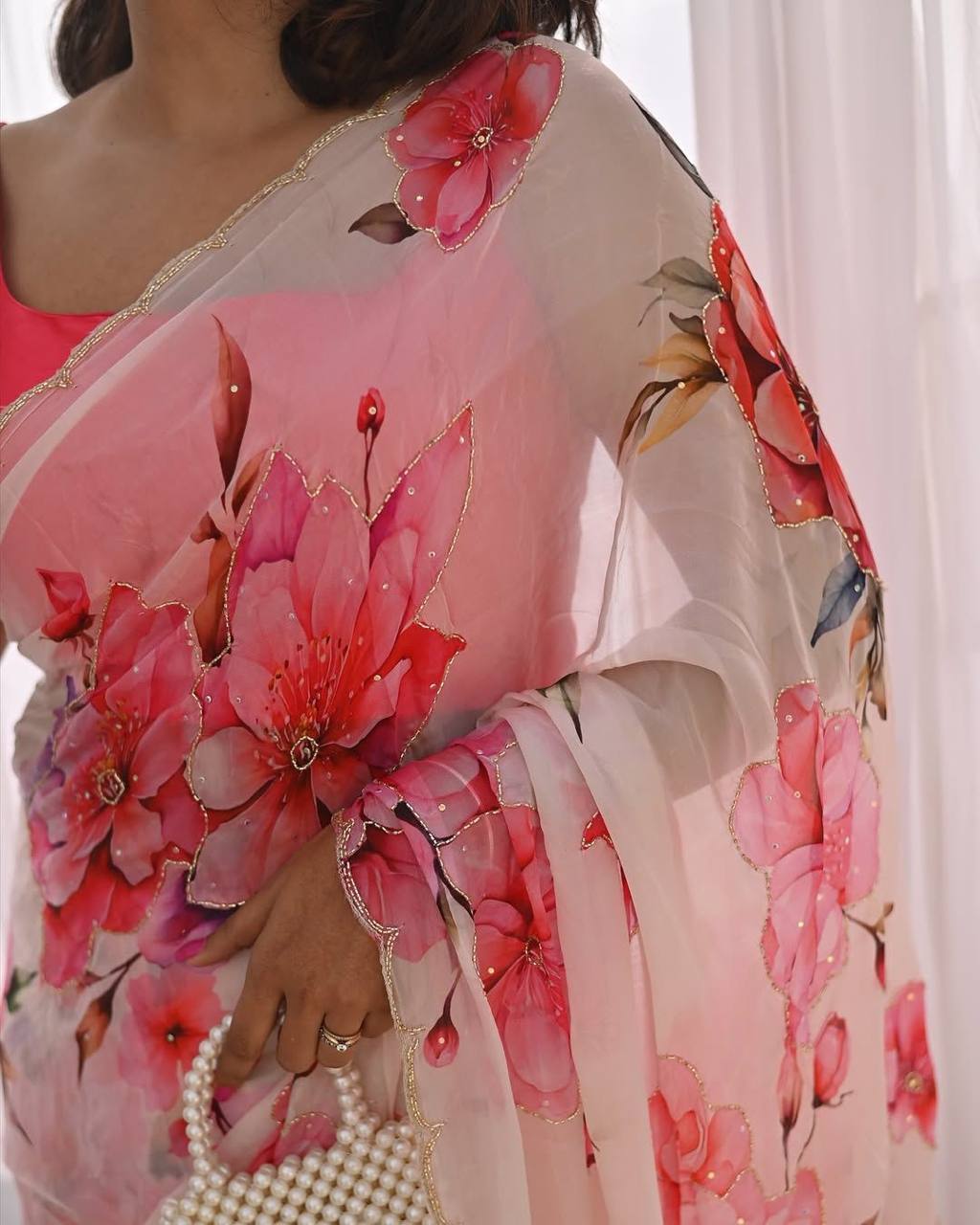 White Tebi Silk Digital Printed Saree with Handwork Satin Silk Blouse