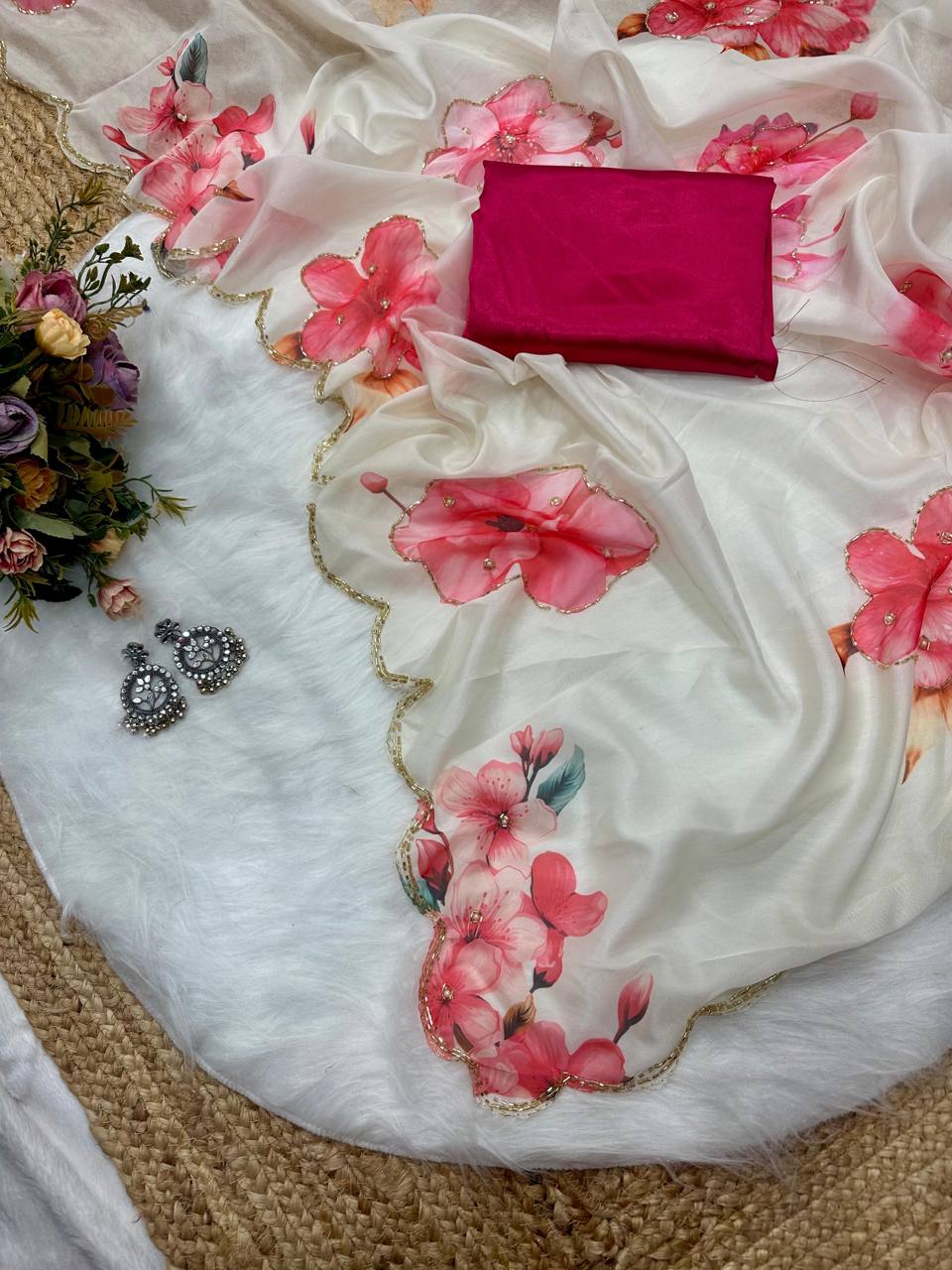 White Tebi Silk Digital Printed Saree with Handwork Satin Silk Blouse