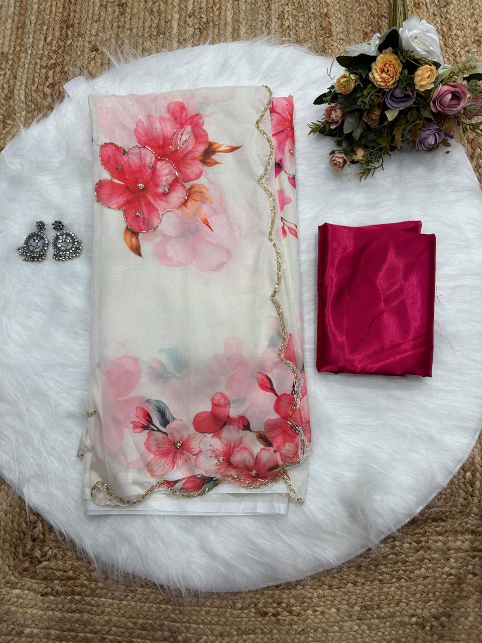 White Tebi Silk Digital Printed Saree with Handwork Satin Silk Blouse