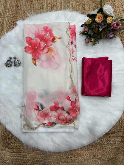 White Tebi Silk Digital Printed Saree with Handwork Satin Silk Blouse