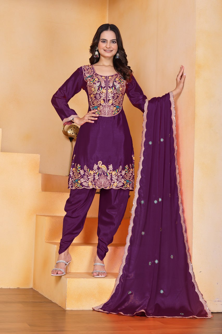 Wine Designer Chinon Dhoti Suit with Coding Sequins Embroidery