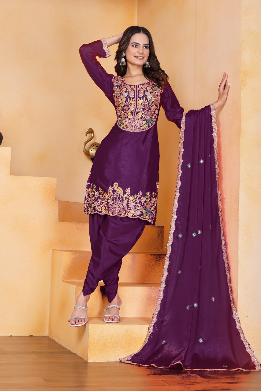 Wine Designer Chinon Dhoti Suit with Coding Sequins Embroidery