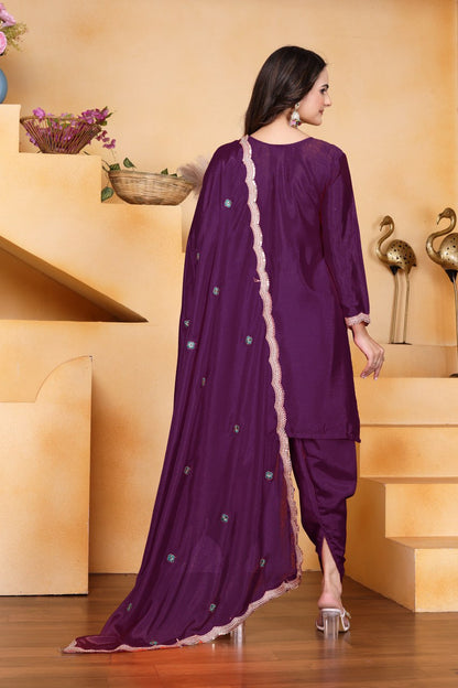 Wine Designer Chinon Dhoti Suit with Coding Sequins Embroidery