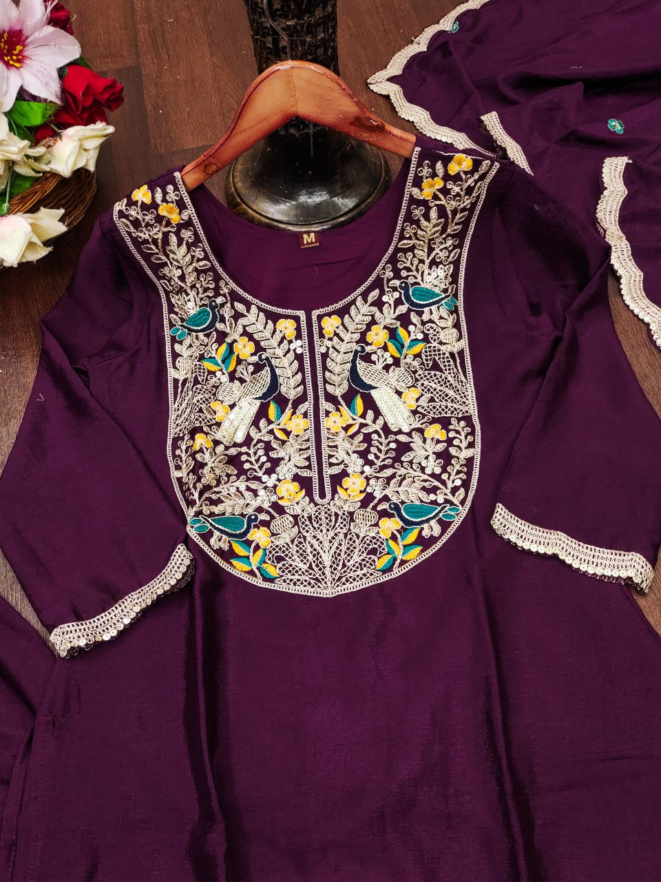 Wine Designer Chinon Dhoti Suit with Coding Sequins Embroidery