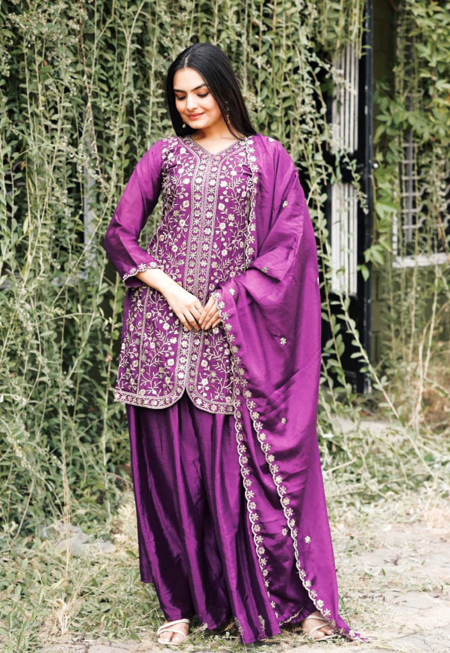 Wine Designer Chinon Silk Sharara Suit with Sequins Embroidery