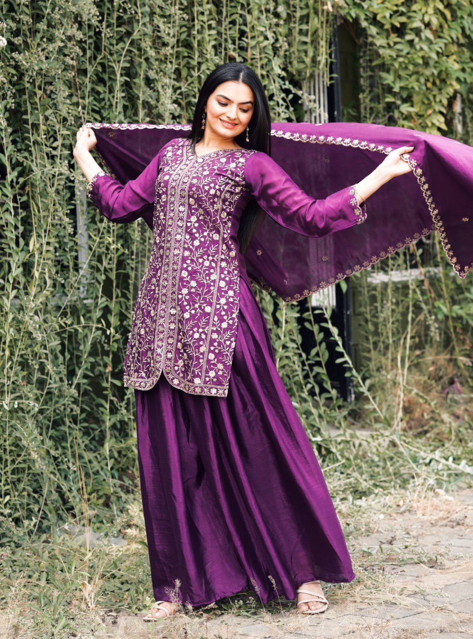 Wine Designer Chinon Silk Sharara Suit with Sequins Embroidery 