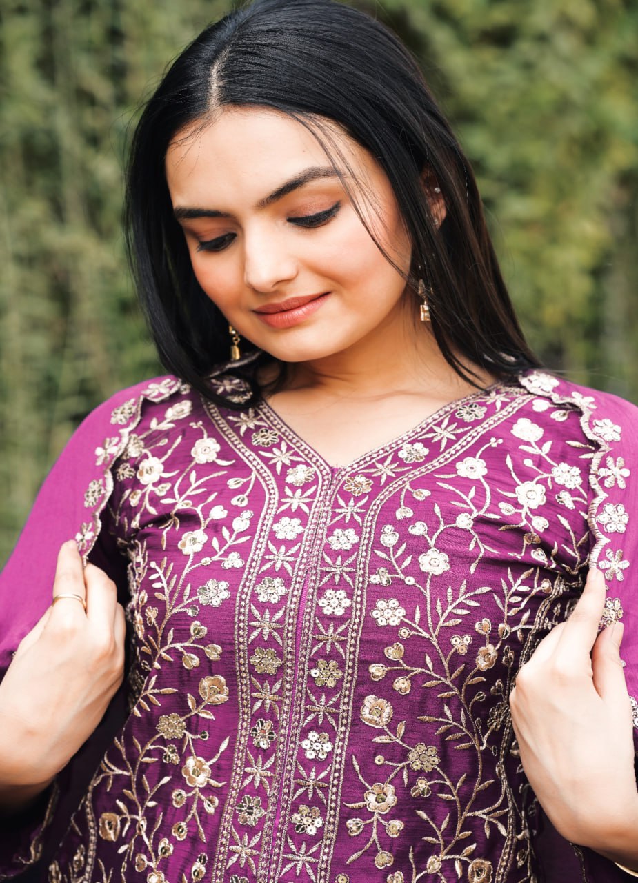 Wine Designer Chinon Silk Sharara Suit with Sequins Embroidery 