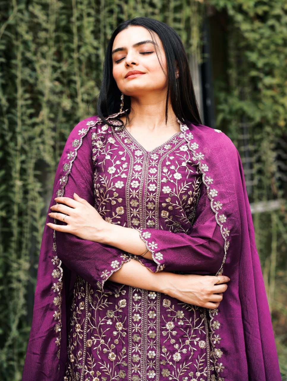 Wine Designer Chinon Silk Sharara Suit with Sequins Embroidery 