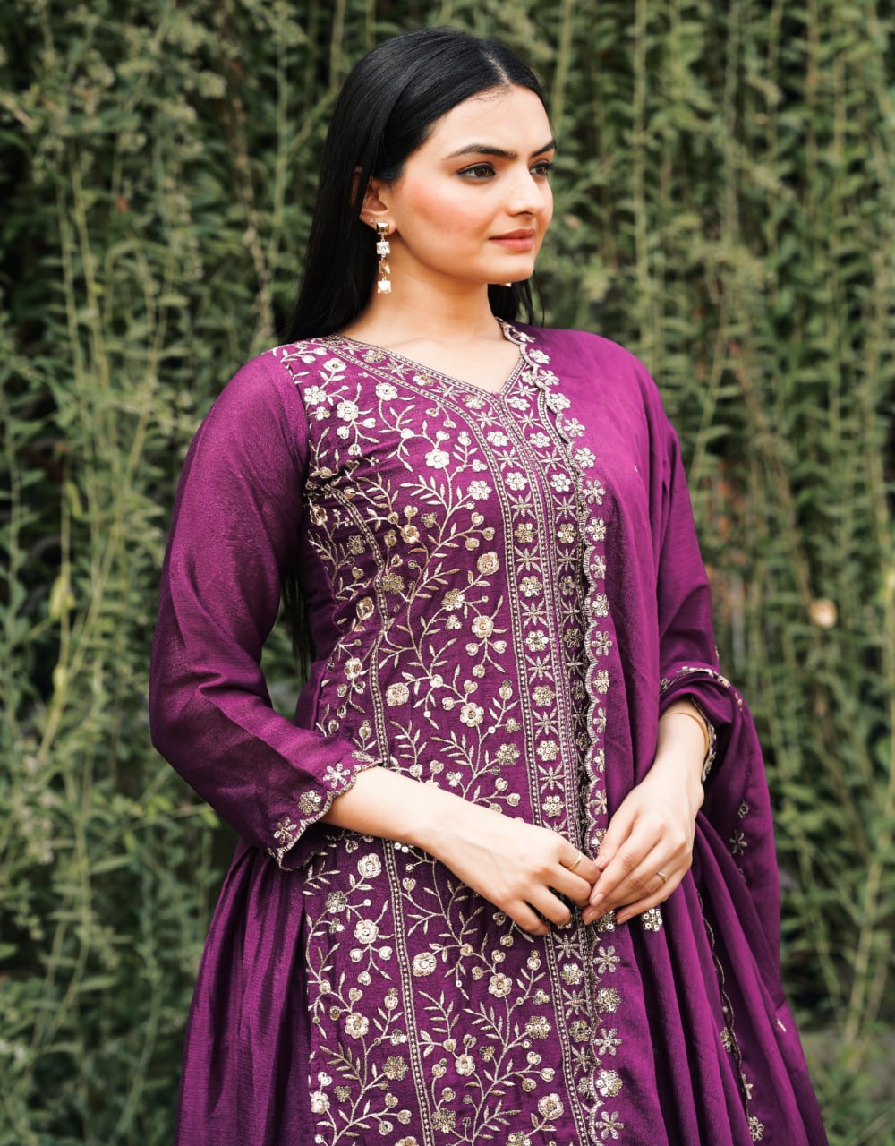 Wine Designer Chinon Silk Sharara Suit with Sequins Embroidery 