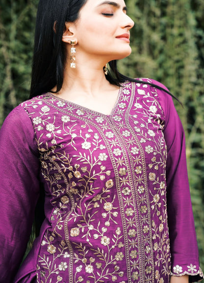 Wine Designer Chinon Silk Sharara Suit with Sequins Embroidery