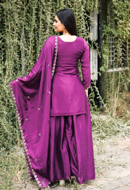 Wine Designer Chinon Silk Sharara Suit with Sequins Embroidery 