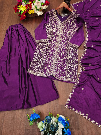 Wine Designer Chinon Silk Sharara Suit with Sequins Embroidery 