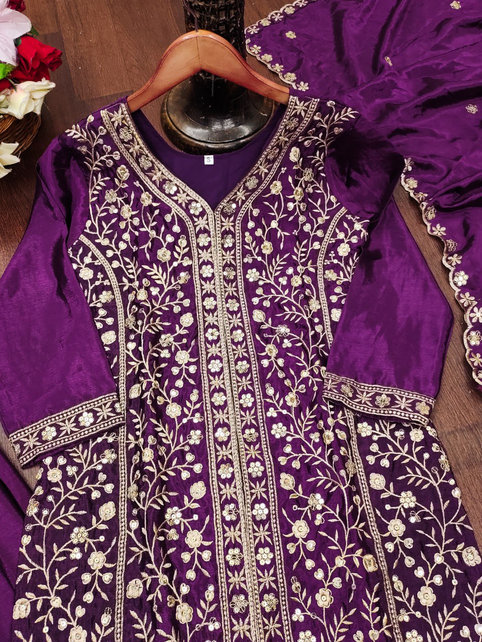 Wine Designer Chinon Silk Sharara Suit with Sequins Embroidery 