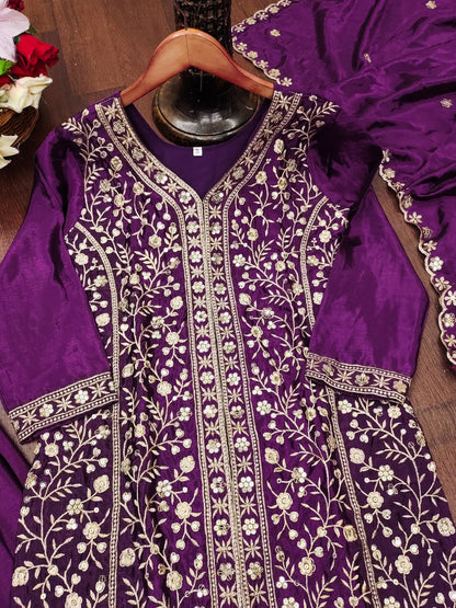 Wine Designer Chinon Silk Sharara Suit with Sequins Embroidery 