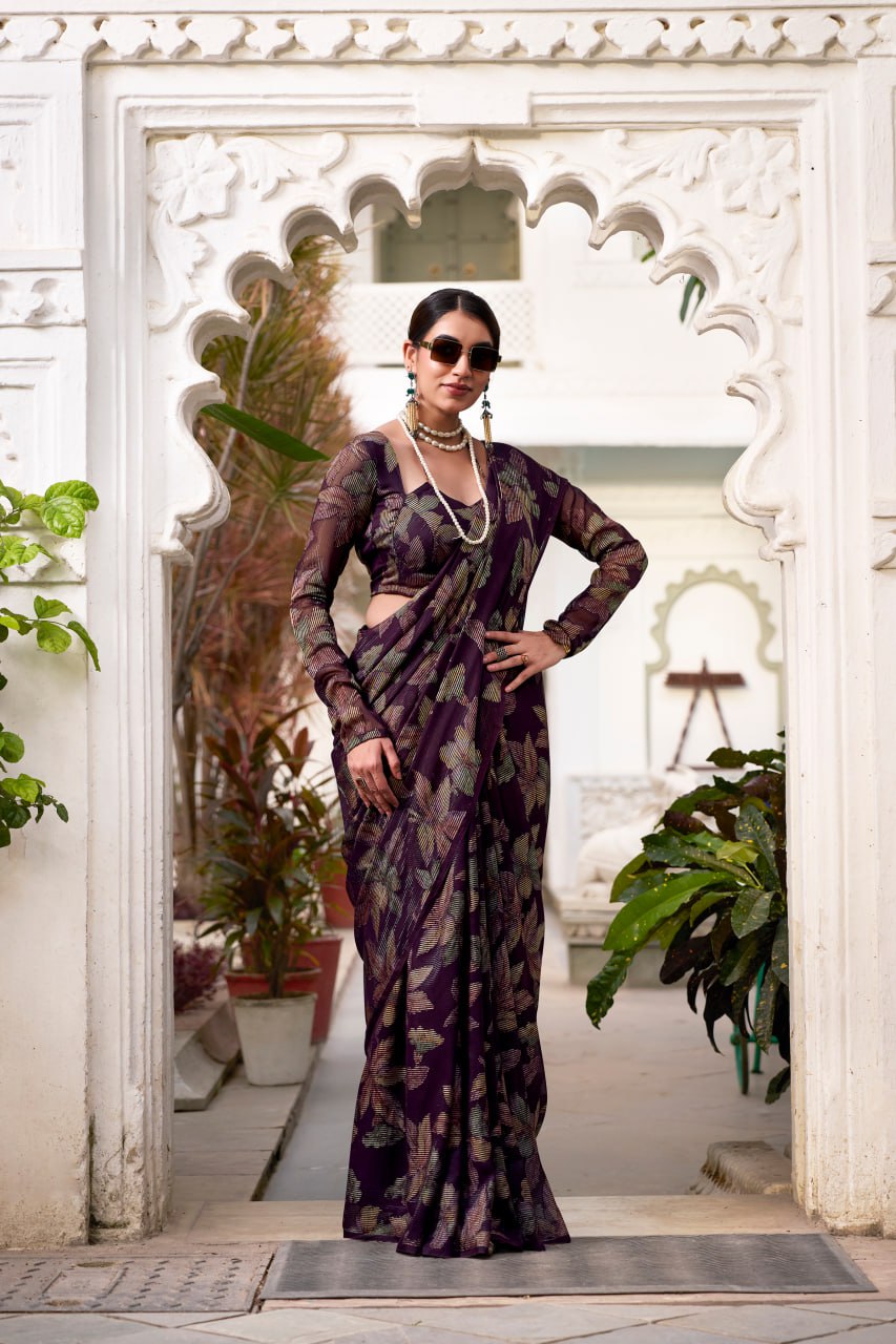 Wine Lurex Brasso Floral Viscose Saree with Matching Blouse