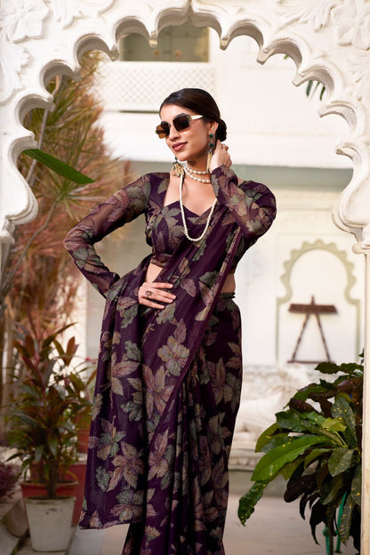 Wine Lurex Brasso Floral Viscose Saree with Matching Blouse