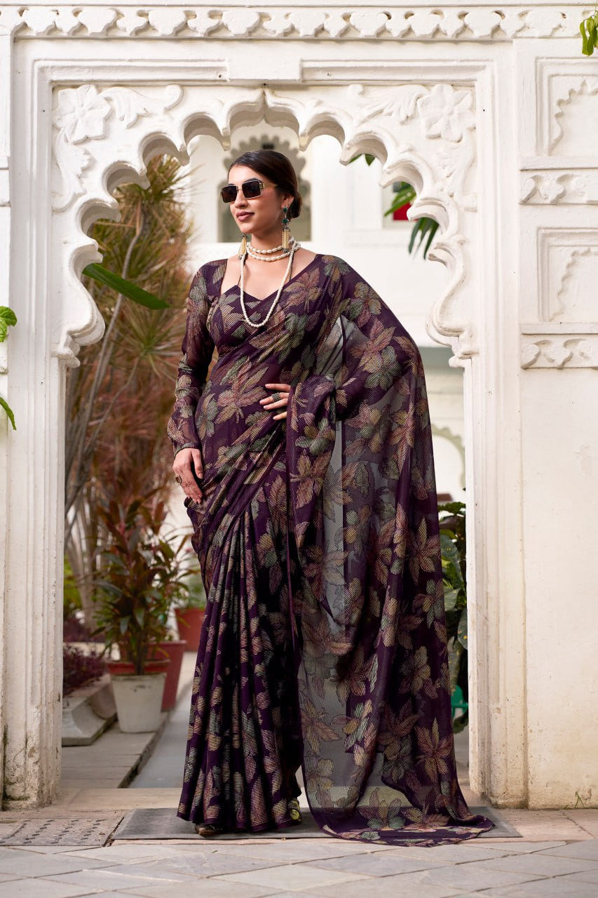 Wine Lurex Brasso Floral Viscose Saree with Matching Blouse
