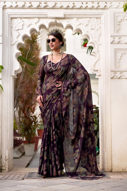 Wine Lurex Brasso Floral Viscose Saree with Matching Blouse