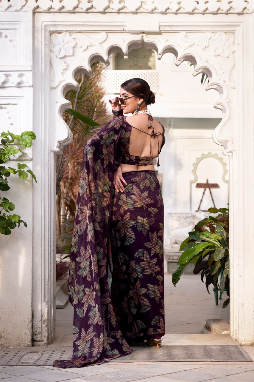 Wine Lurex Brasso Floral Viscose Saree with Matching Blouse