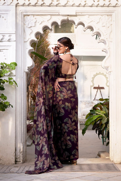Wine Lurex Brasso Floral Viscose Saree with Matching Blouse