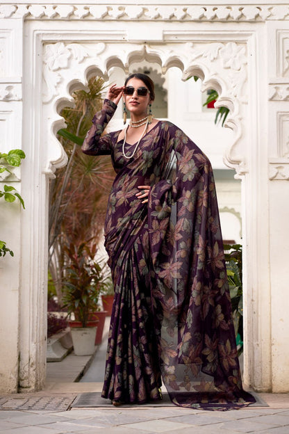 Wine Lurex Brasso Floral Viscose Saree with Matching Blouse