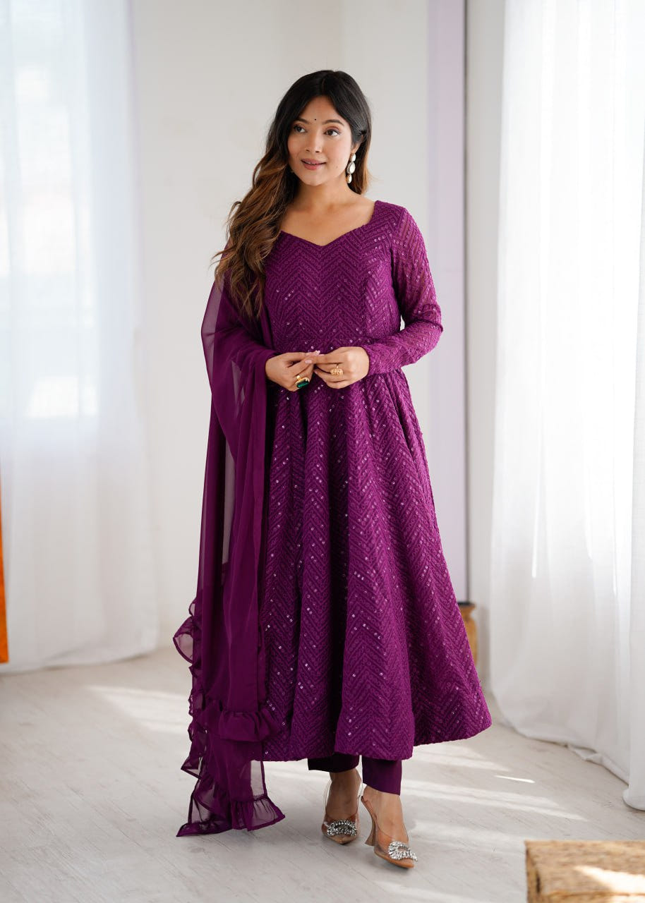 WINE Premium Lucknowi Fox Georgette Anarkali Suit Set with Dupatta