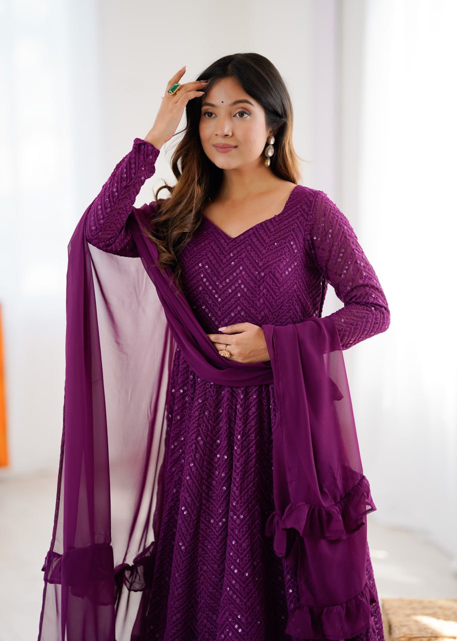 WINE Premium Lucknowi Fox Georgette Anarkali Suit Set with Dupatta